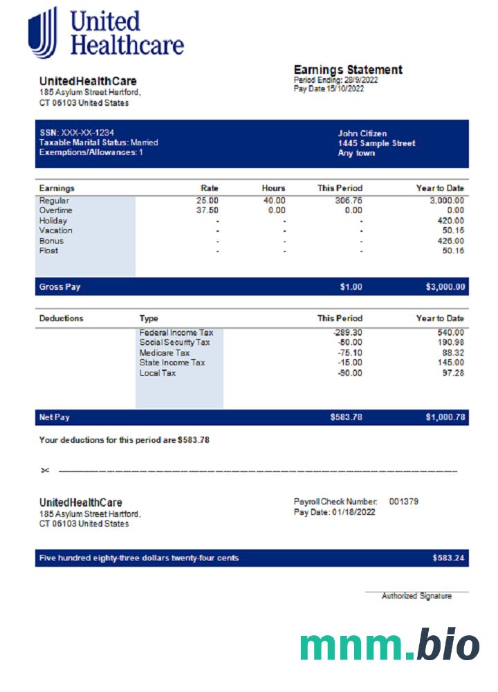 USA UnitedHealthCare managed care company pay stub